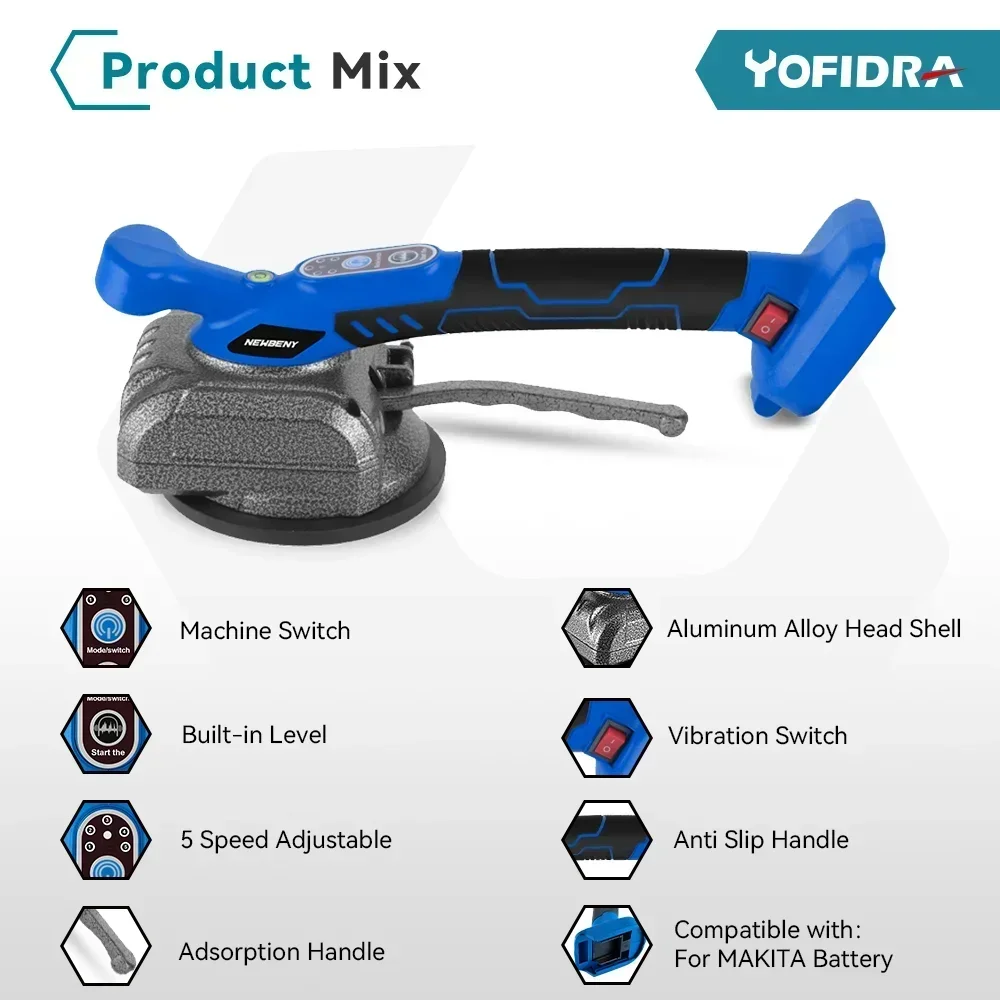 Yofidra 150kg High Loading Capacity Electric Tile Tiling Machine 5 Speed Floor Leveling Wall Laying Tool For Makita 18V Battery