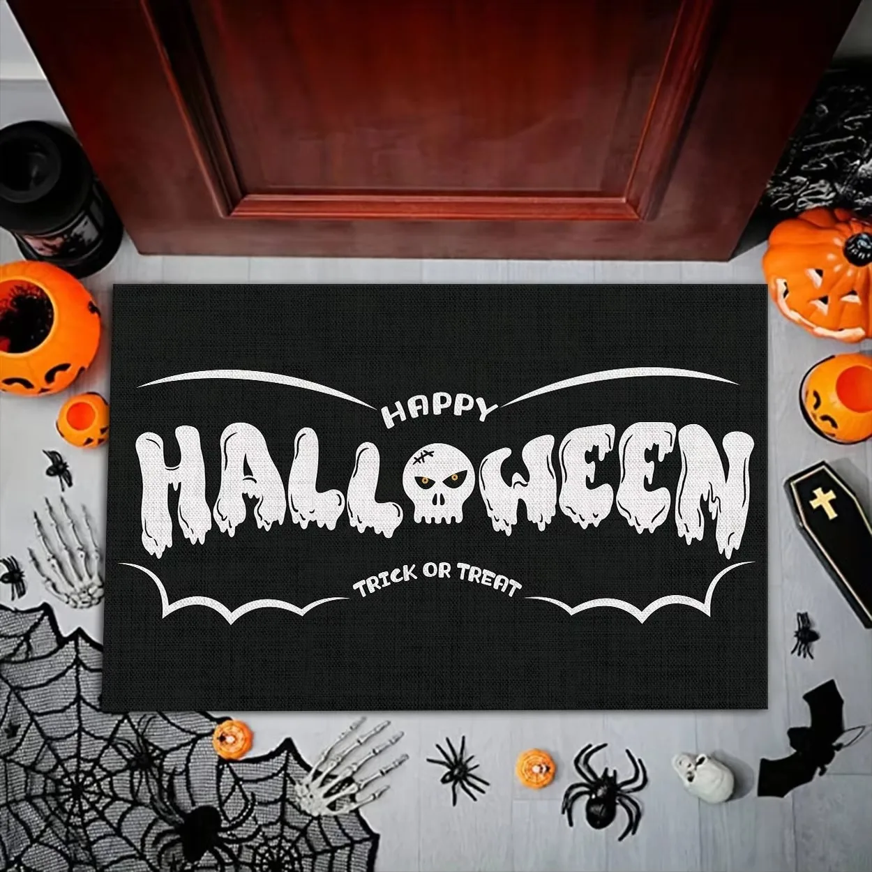 Festival Themed Door Mat With Halloween Pumpkin Skull Ghost Spider Patterns Soft Decorative Entryway Rug For Holiday Decor