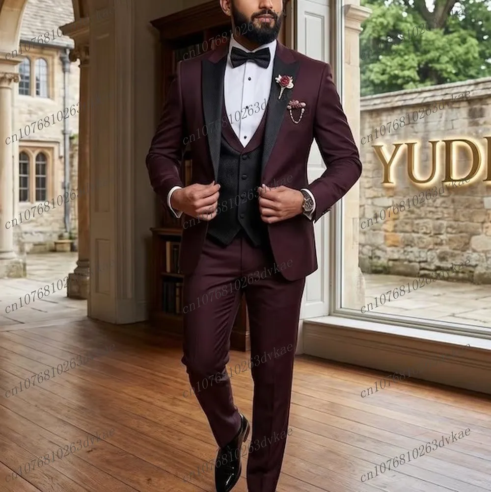 

New Black And Burgundy Men Suit Wedding Party Formal Groom Groomsman Prom Business Male Tuxedos 3 Piece Set Jacket Vest Pants