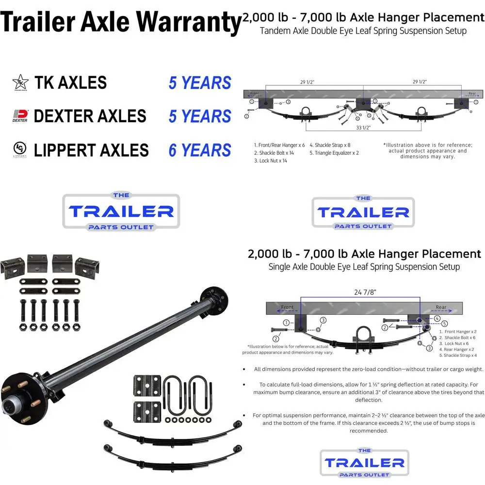 

Light Duty 3.5K Single Axle Suspension Kit with Leaf Springs, Hanger & U-Bolts (73 Hub to 58 Spring Center, 5x4.5 Bolt Pattern)