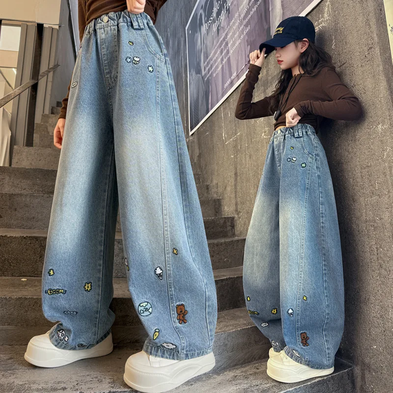 

Autumn New Girls Printed Jeans High quality Fashion Teenage Children Loose Wide Leg Denim Pants Quality Curved Knife Trousers