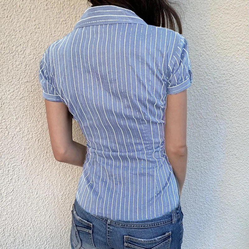 IAMHOTTY Chic Elegant Striped Blouse Women\'s Summer French Style Button-up Turn-down Collar Shirt Vintage Streetwear Y2K Tops