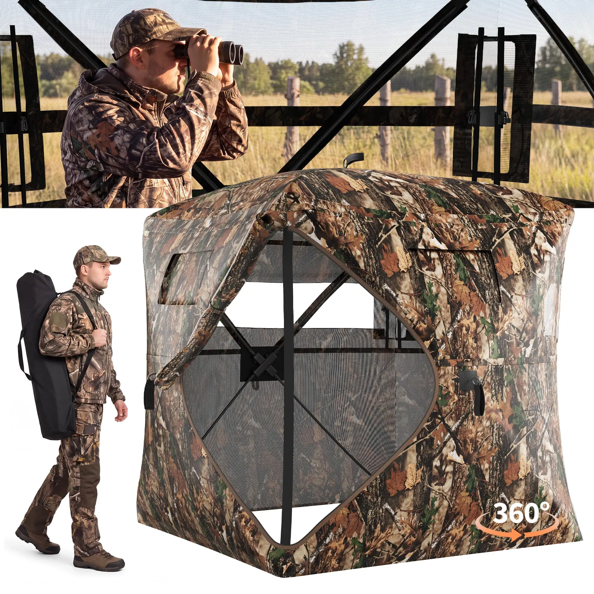 360° See-Through Tracking Blind, Pop-Up Camo Ground Blind with Silent Windows, Brush Loops & Carry Bag, Spacious 2-3 Person Water-Resistant Deer Tracking Tent