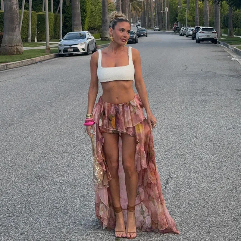 Sweetown Beach Boho Floral Print Chiffon Ruffled Skirt Women Asymmetrical Dipped Hem Pink Romantic Elegant Sexy Vacation Skirts