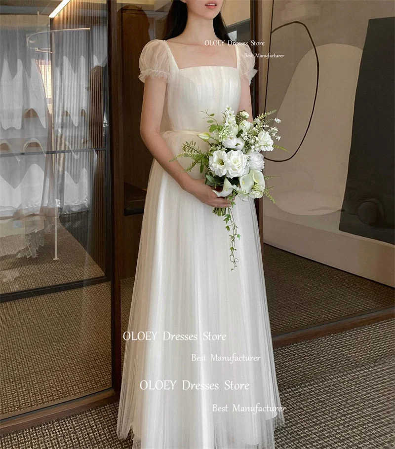 OLOEY Simple A Line Tulle Wedding Dresses Korea Photoshoot Short Sleeves Floor Length Bridal Gowns Corset Back Mariage 2024