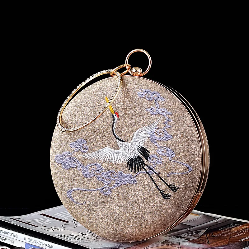 New Women's Retro Crane Embroidered Evening Bag Round Handbag Banquet Messenger Bag for Women Dinner Circular Purse Clutches Sac