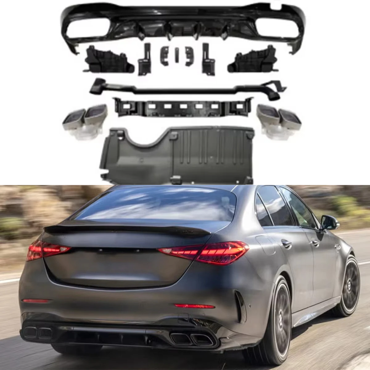 

Perfect Fit C63 Style Car Rear Bumper Exhaust Lip Diffuser With Silver Tail Pipe Tips for W206 2021-2023
