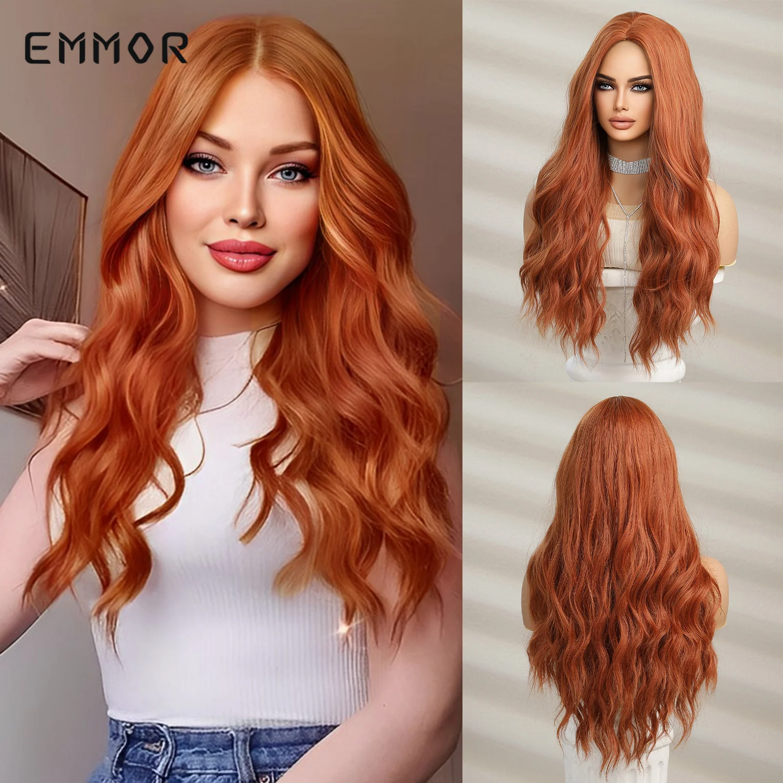 

Emmor Ginger Wig with Bangs Long Synthetic for Women Cosplay Natural Ombre Hair Wig High Temperature Fiber