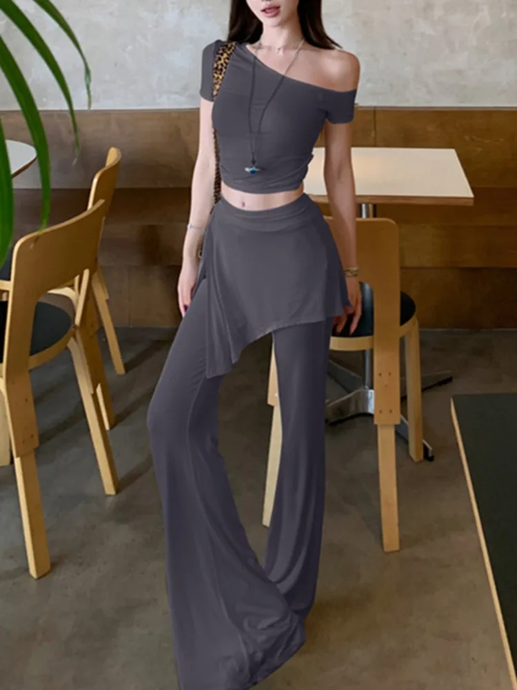 

Sexy Inclined Shoulder Woman 2 Pieces Sets Casual Fashion Short Sleeves Top High Waist Flare Pant Skirt Suit Set New Outifits