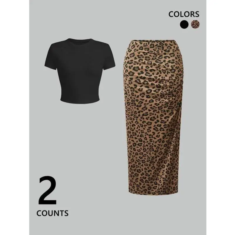 

Women's ort Sve Top Leopard Print Curved Hem Casual Sportswear Set Autumn Season Seven-Foot Sve Brand Unbranded