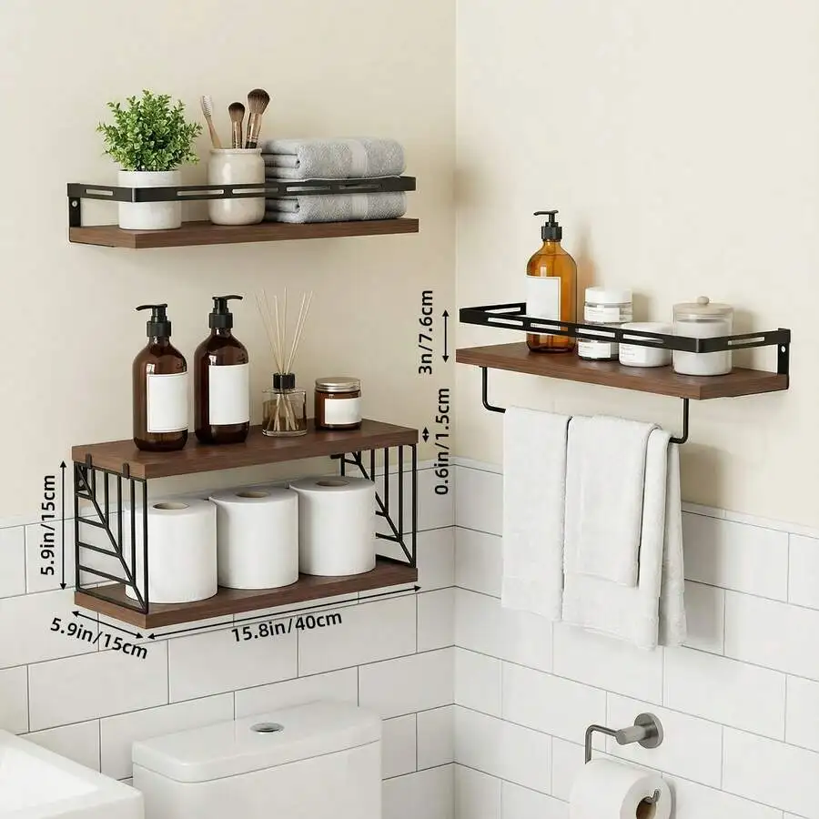 Tomnk 3+1 Tier Wall Mounted Bathroom Shelves Over Toilet, Rustic Wood Floating Shelves With Metal Frame And Towel Bar For Bathroom, Kitchen, Bedroom, Living Room, Home Decor, Bathroom Decor, Bathroom Organizer Summer Back To School