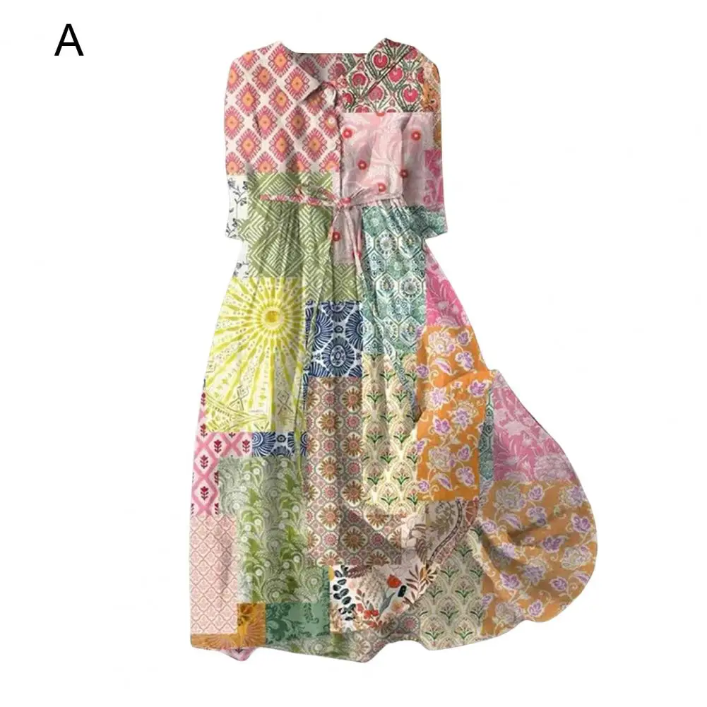 

Summer Midi Dress Colorful Printed A-line Midi Dress with Belted Waist Pleated Hem for Women's Summer Vacation Style Printed