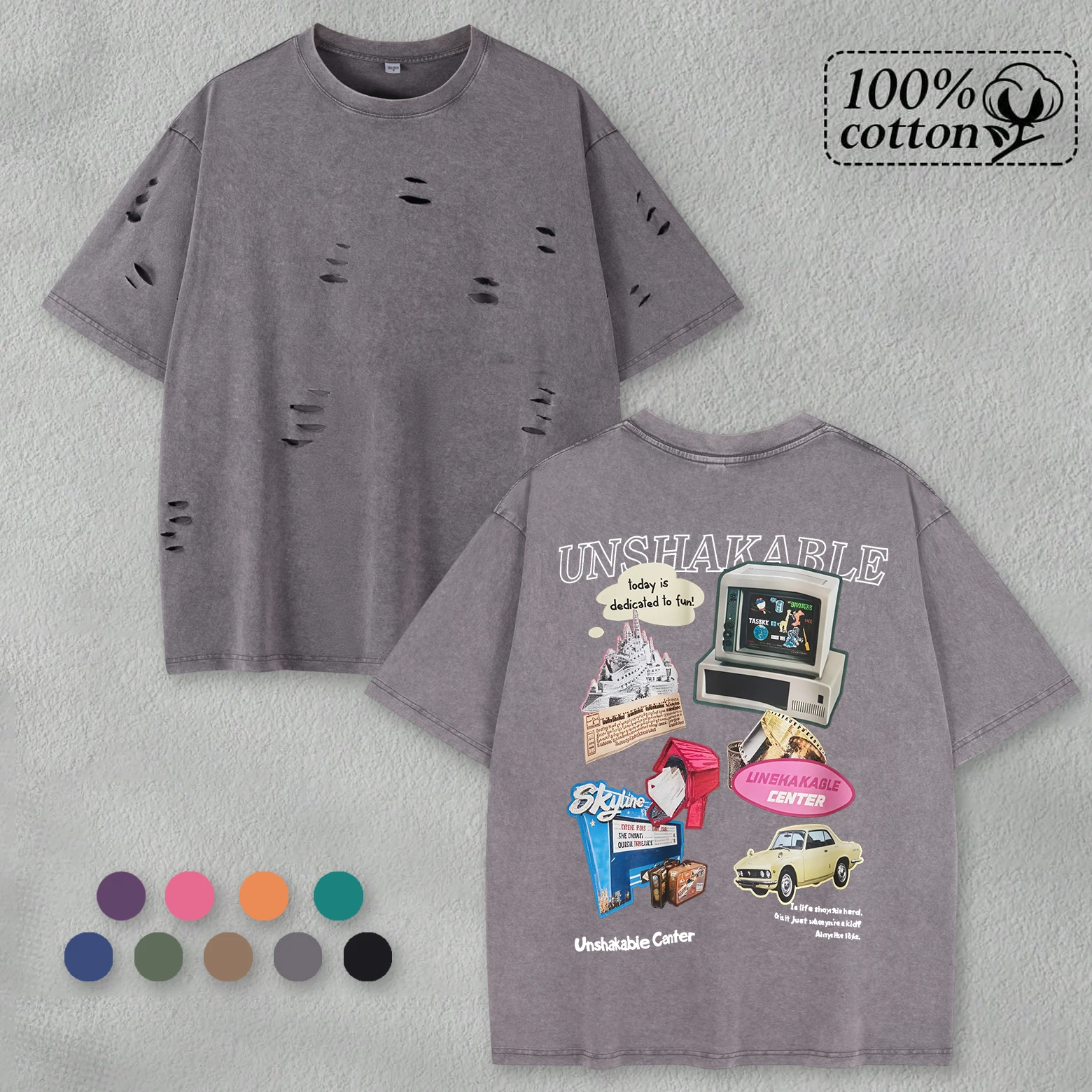 

Unshakable Lifestyle, мытая мужская футболка с отверстиями, хлопковая винтажная футболка большого размера, модный топ с круглым вырезом, унисекс, свободный мягкий короткий рукав