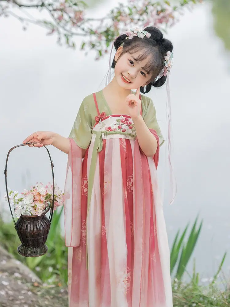 زي هان على الطراز الصيني للفتيات ، زي الأطفال القديم ، فتاة صغيرة ، بدلة تانغ فائقة الجنية ، فستان صيفي ، طفلة صغيرة