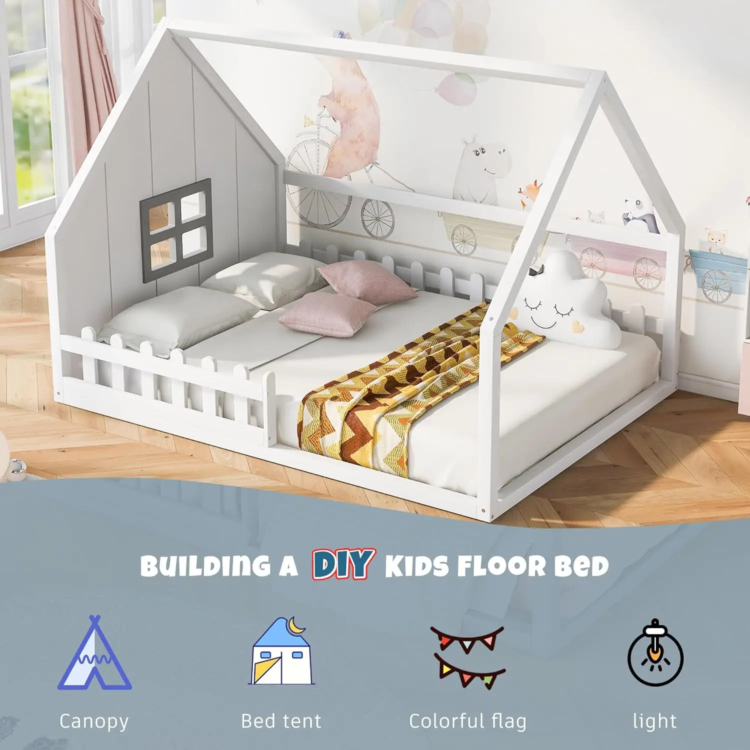 Cama de casa de madera de tamaño completo para niños, cama de piso Montessori con valla y ventana, cama de piso completa con rieles para niñas y niños, blanco