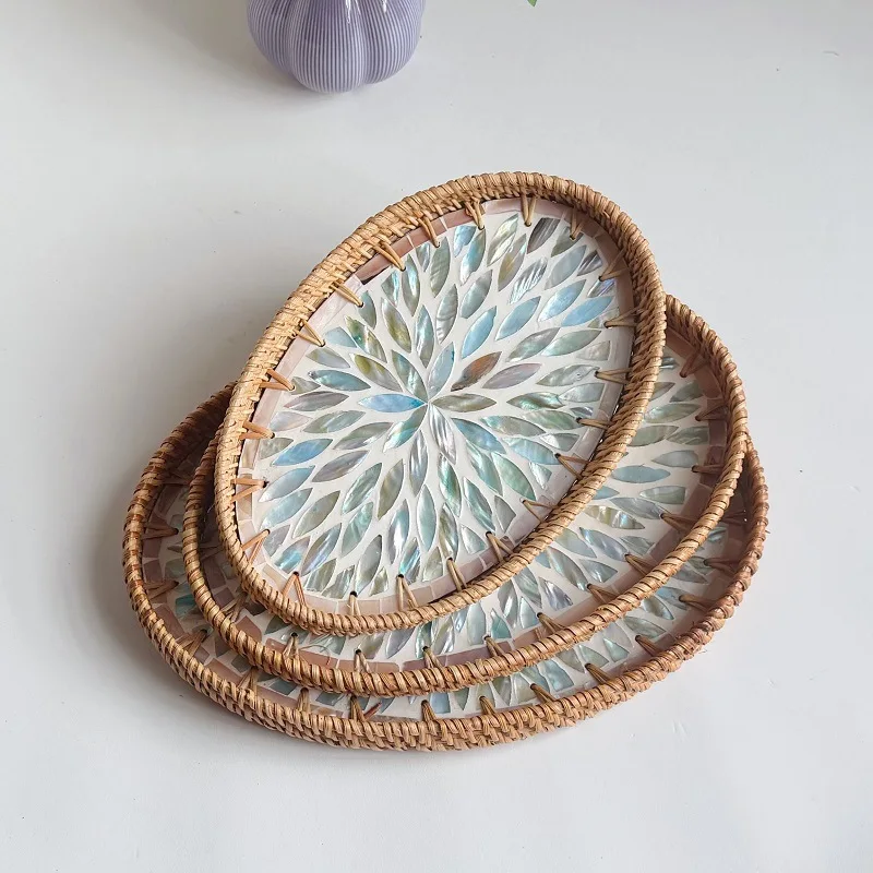 Nordic Rattan Tray With Shell Luxury Home Coffee Table Storage Plate