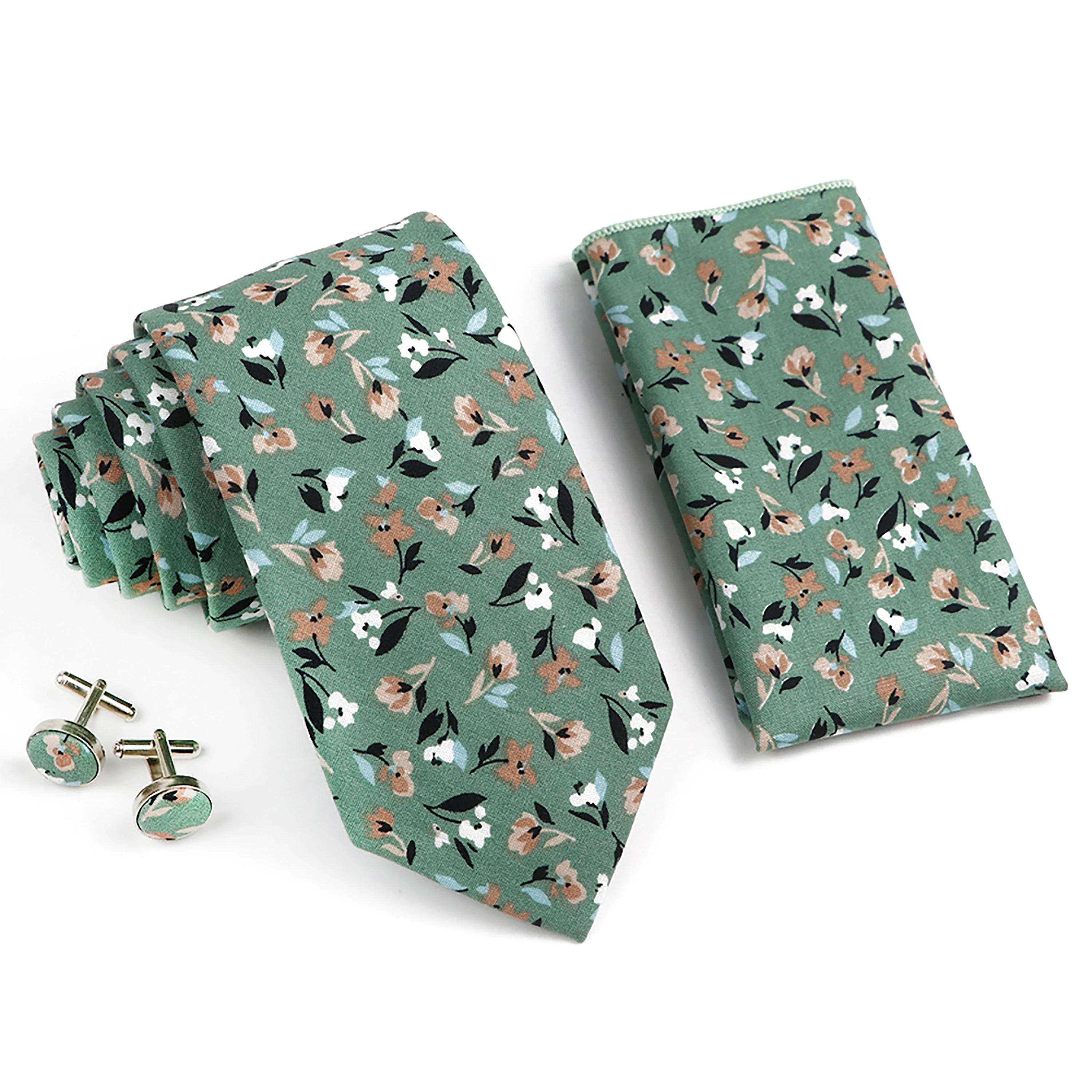 Hot Sell 3PC Chic Elegant Floral Tie Set Pocket Square Cufflinks Light Green Blue Men Women Wedding Party Suit Cravat Accessory