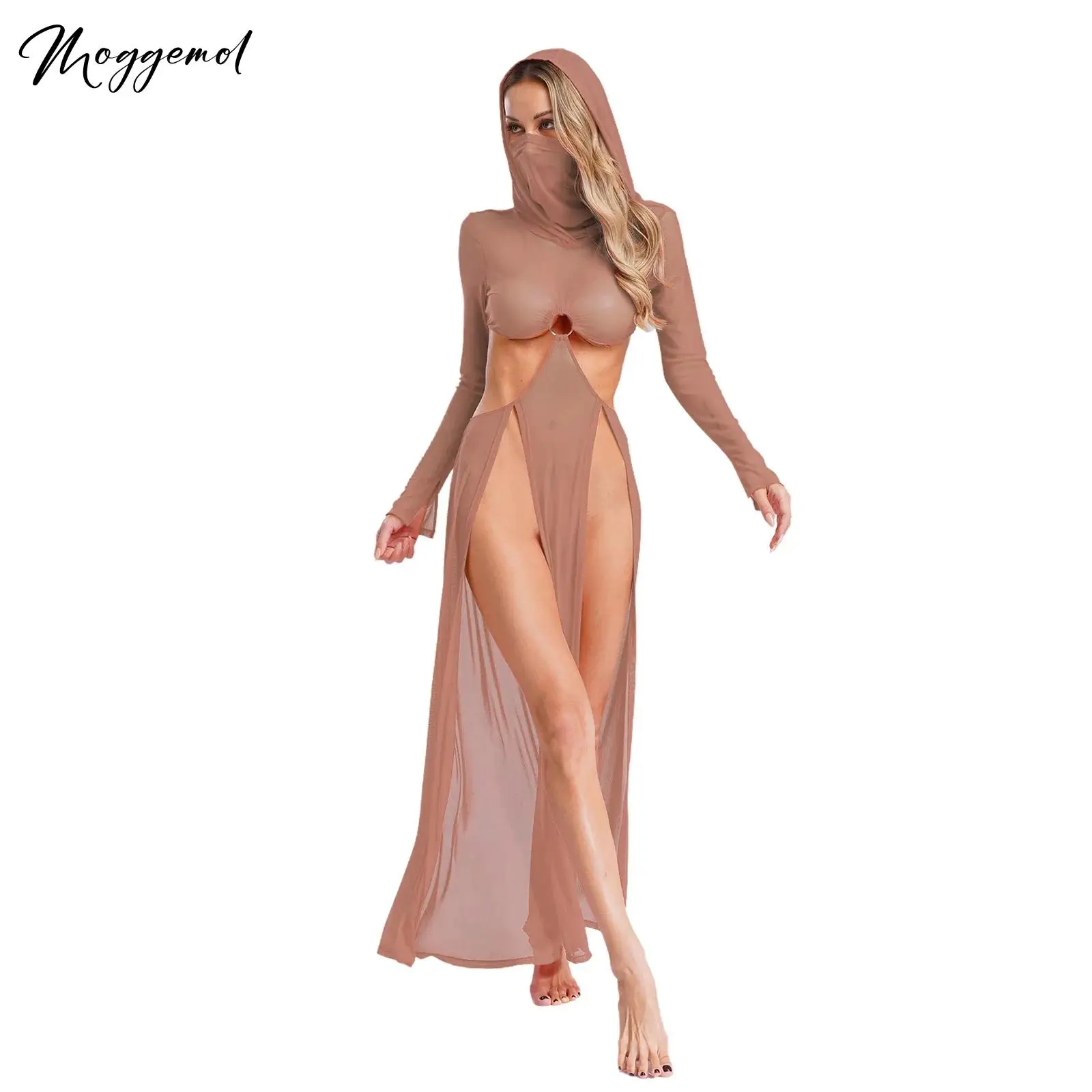 Womens sexy pure maxi hoge split jurk met capuchon gezichtsmasker lange mouwen uitgehold cover-up mesh jurk voor strand zwembad party clubwear