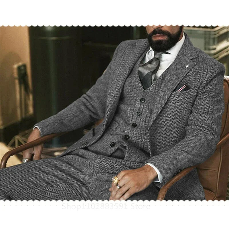 3 Piece(Jacket +Vest +Pants) Gray Wool Tweed Winter Men Suit\'s For Wedding Herringbone Male Formal Groom Tuxedo Fashion