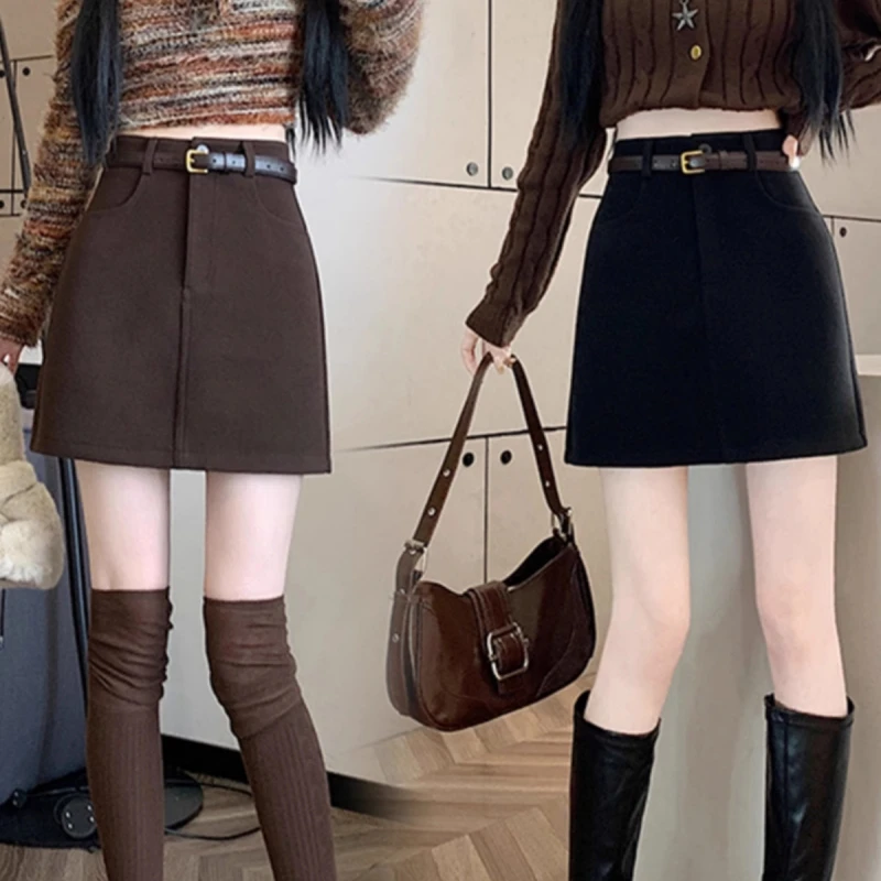 

Карамельная шерстяная юбка женская осенне-зимняя с высокой талией, А-силуэт, короткая, облегающая, с эффектом утяжки, дизайн с завышенной талией