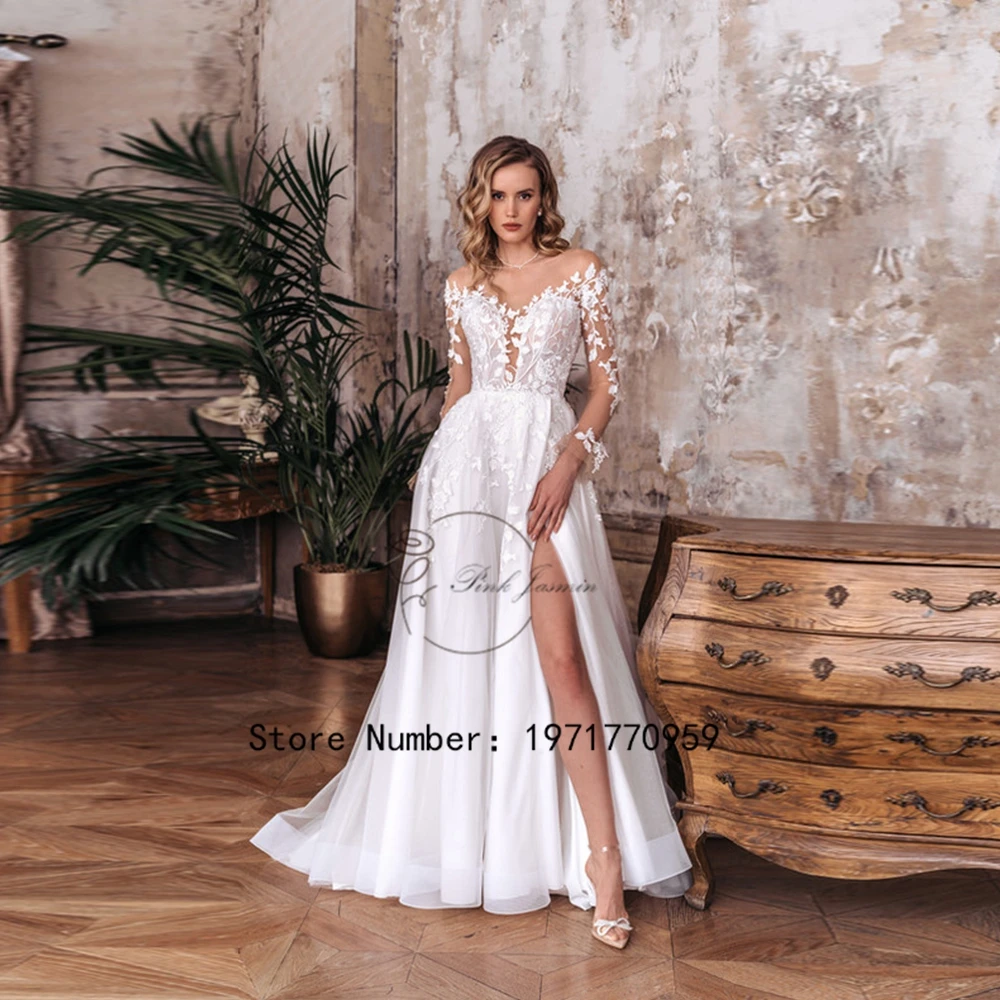 

See Through Scoop Neck Wedding Dress High Slit Full Sleeves Elegant Applique Lace Bridal Gowns A Line Backless Customized 2024