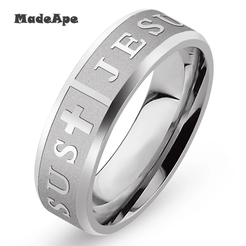 MadApe Classic Jesus Ring Stainless Steel Cross Ring Gold Color Women Wedding Rings For Womne Men Prayer Ring