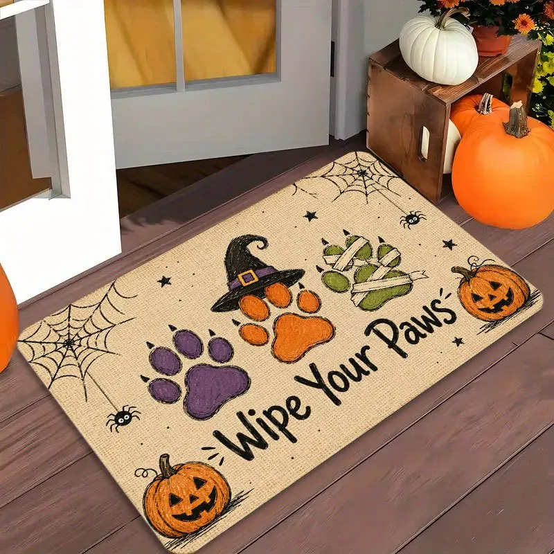 Paw Print Pumpkin Halloween Pattern Printed Welcome Mat, Made Of Flannel,Antislip,Soft And Washable, Suitable for Porch Entrance