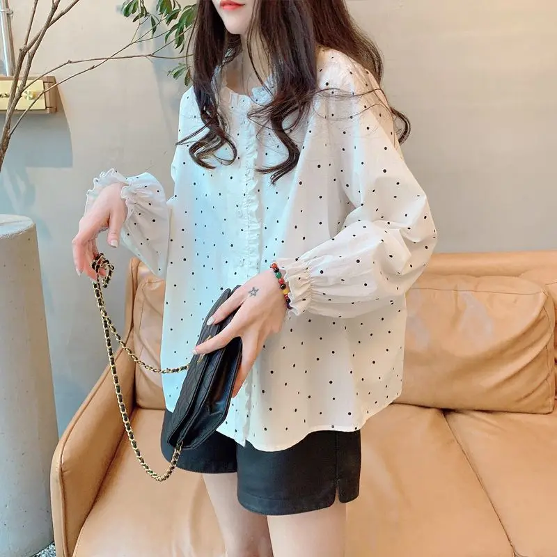 White Shirt Female Niche Spring Korean Style Commuting Sweet and Fresh Black Fungus Lace Small Round Dot Long Sleeved Top