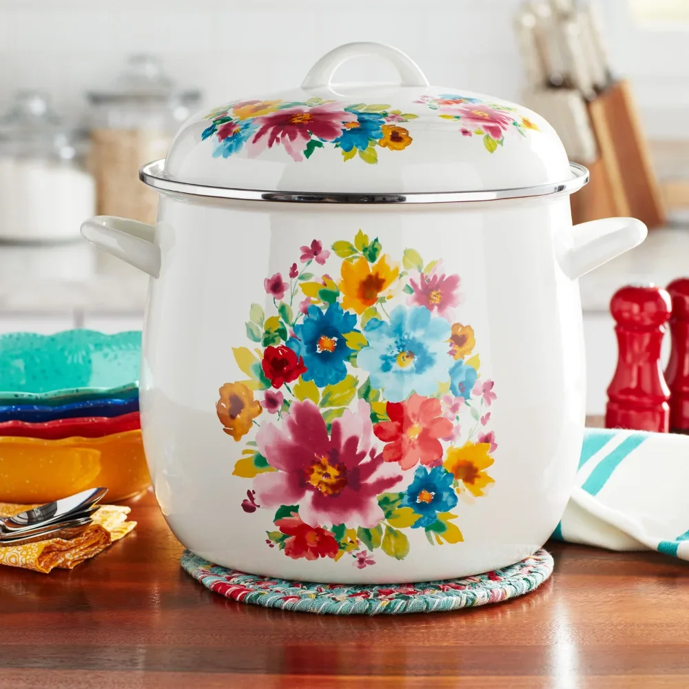 Breezy Blossom Esmalte Em Aço Stock Pot, 12-Quart