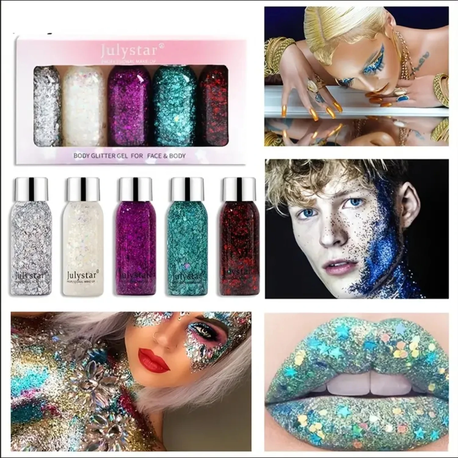 ชุดเจลกลิตเตอร์ Chunky Glitter เทศกาลสีสันสดใสและมีสีสันสําหรับผิวกาย ใบหน้า ผม และอายแชโดว์ - สเกลนางเงือกโฮโลแกรมเป็นประกาย Se