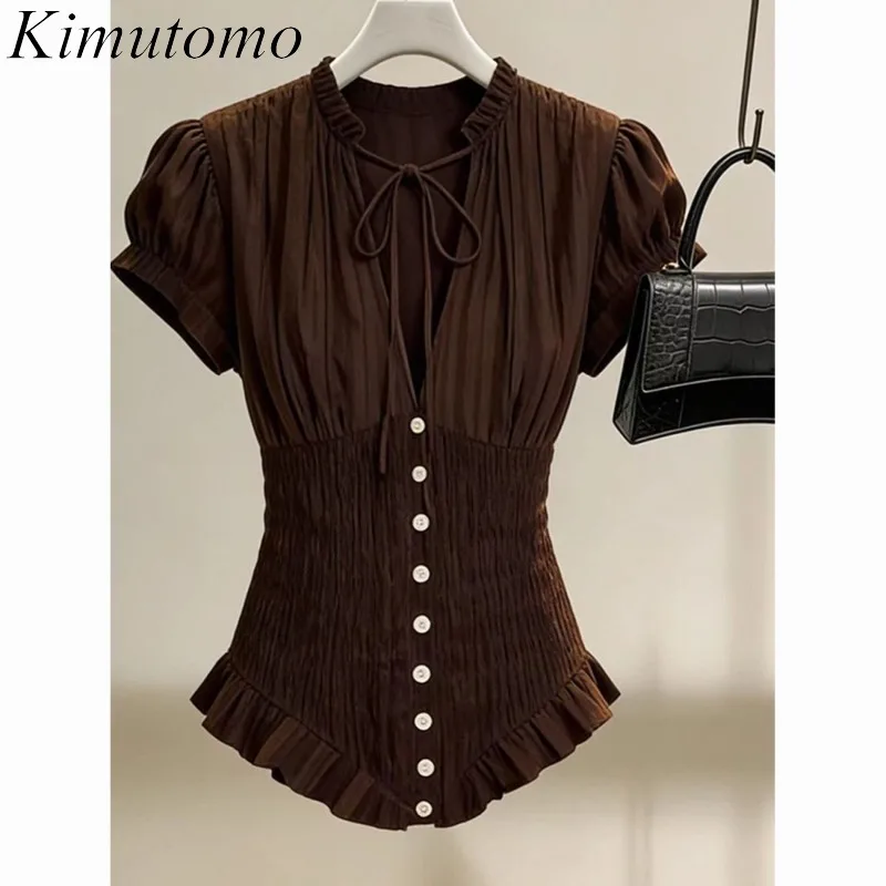 Kimutomo Shirts Women Summer New Fashion Vintage Elegant French Style Chic Blouse Solid Ruffles Bandage Female Casual Tops