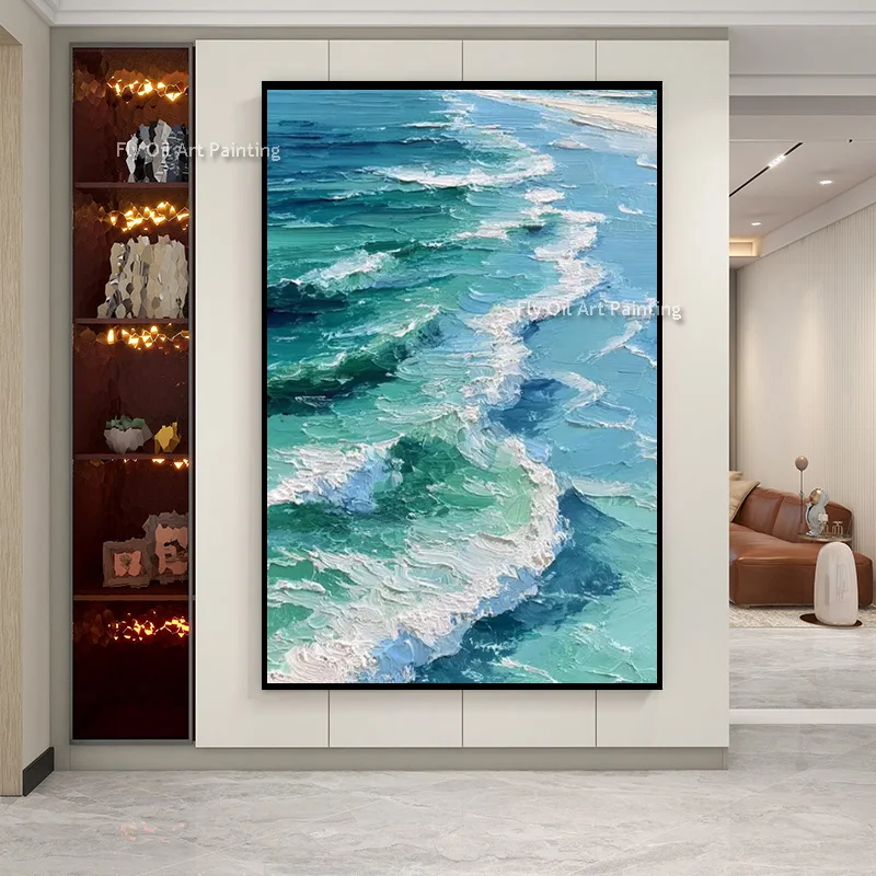 Modern Design Blue Green White Ocean Wave View Canvas Thick Wall Art Hand Painted White Brown Beaches Oil Painting For Decor