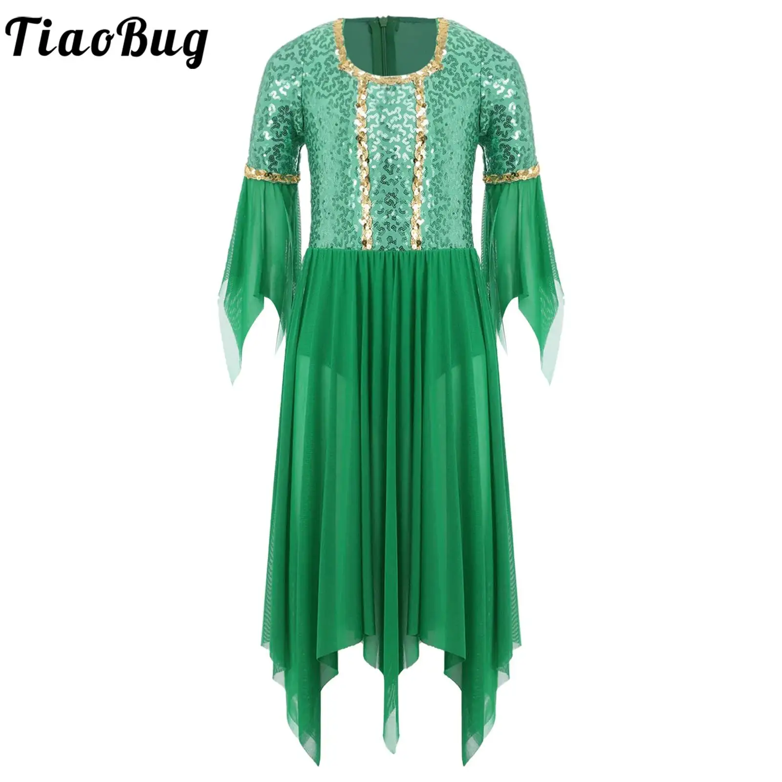 

Girls Fairy Fancy Dress Up Costumes 3/4 Sleeve Sequins Tulle Ballet Lyrical Dancewear Princess Dress for Halloween Theme Party