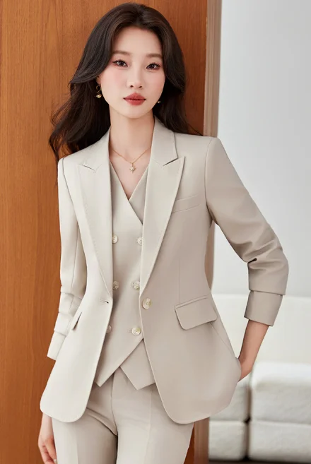 Pink High‑End Elegant Long‑Sleeve Lapel Blazer Cross‑Border Wholesale Three‑Piece Outfit for Autumn and Winter
