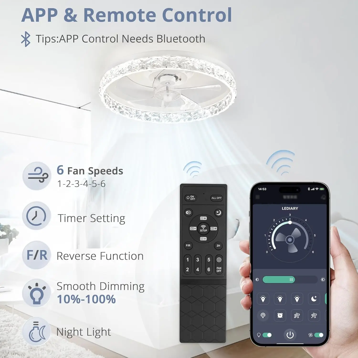

20" Ceiling Fans with Lights and Remote, Dimmable Low Profile Ceiling Fan,Stepless Color Temperature Change and 6 Speeds - White