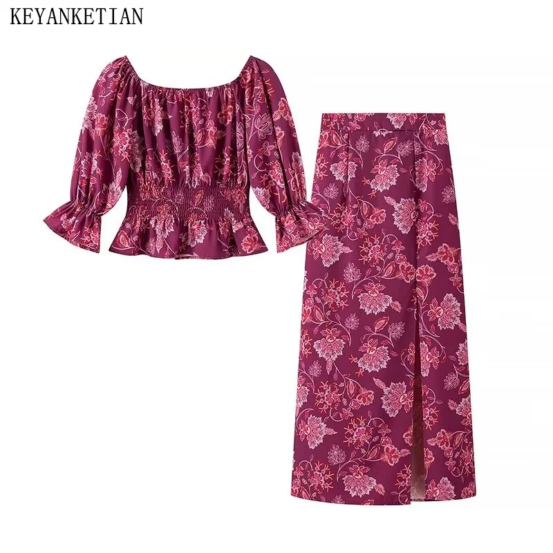 

KEYANKETIAN 2024 New Holiday wind Flower Print Slash neck Crop Top Zipper High-waisted Slit MIDI Skirt Women's Two Pieces Sets