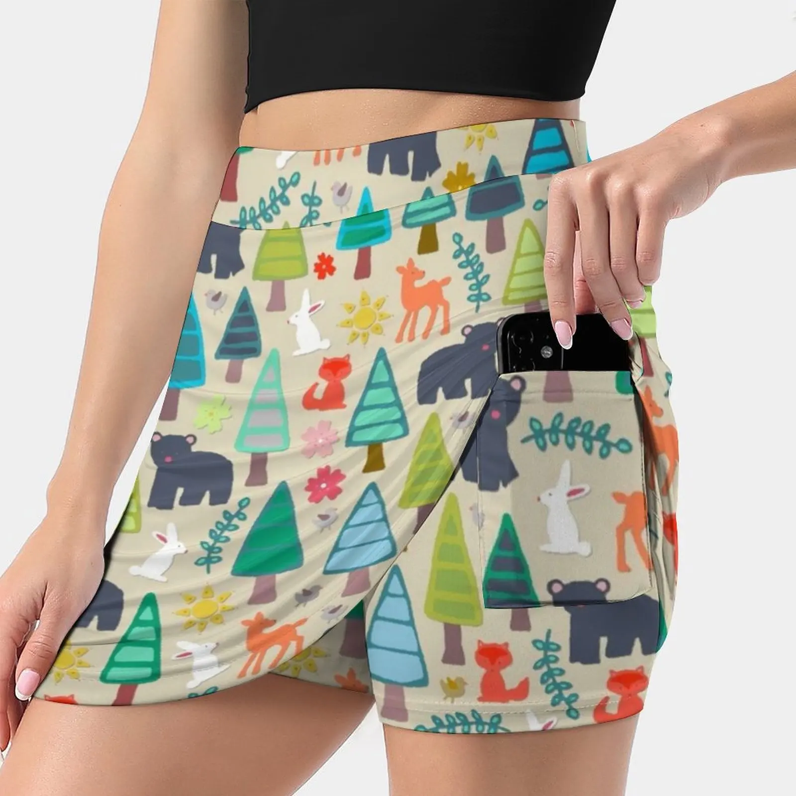 

Summer Woodland Women's skirt Mini Skirts A Line Skirt With Hide Pocket Bear Trees Forest Woodland Fox Deer Rabbit Flowers