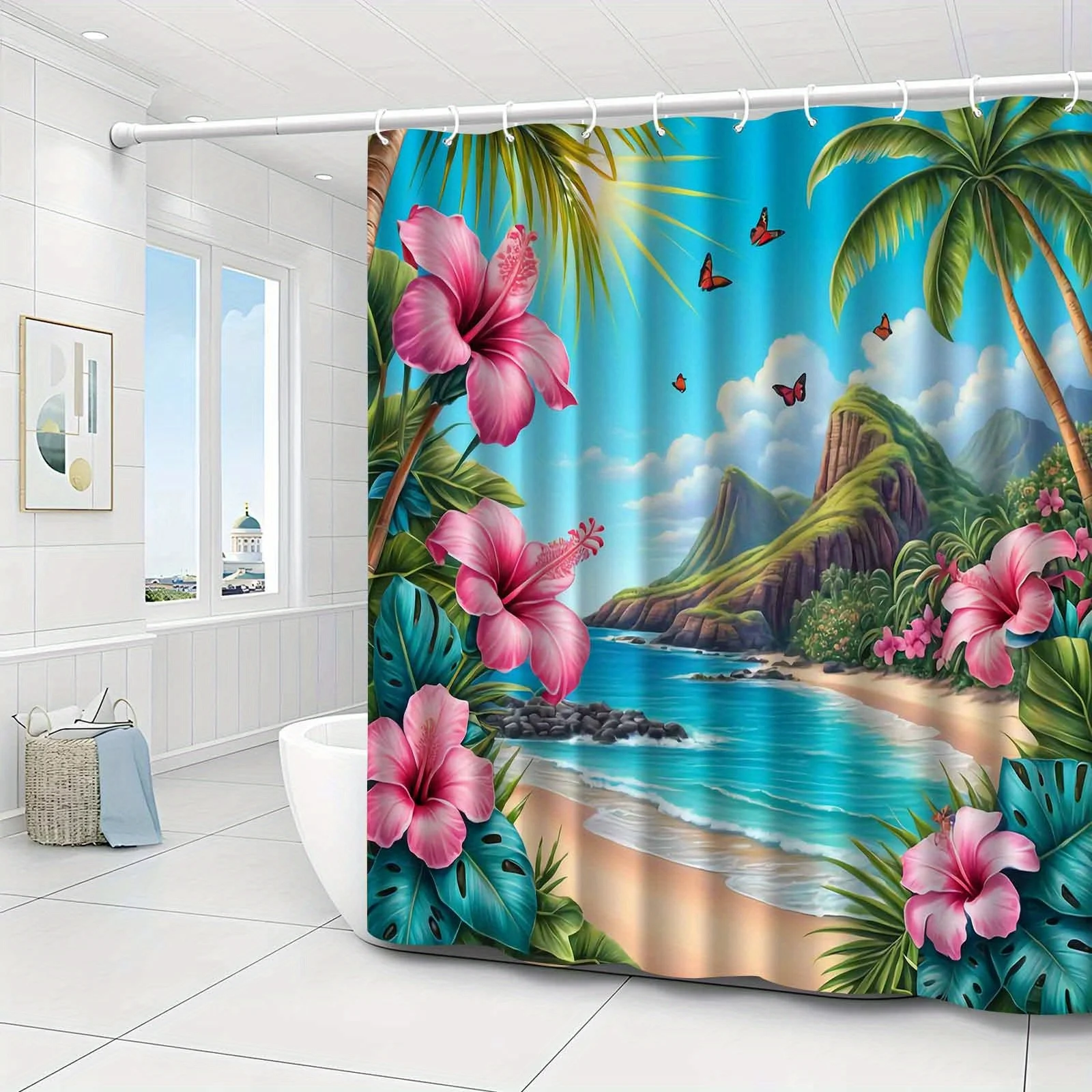 JIT1pcs Tropical Palm Tree Flower Pattern Shower Curtain, High-end Elegant Bathroom Curtain Shower Curtain, Shower Curtain Home