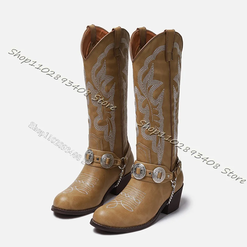 Schwarze Kette Dekor Cowboys tiefel Nähen Totem dicke Absätze runde Zehen Retro-Stil Stiefel Slip on Herbst Frauen Schuhe Zapatos Para Mujere