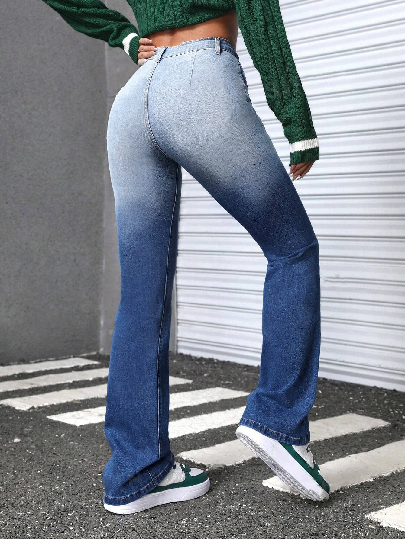 Celana Jeans Wanita High Waisted Ombre Flared Y2K Vintage Gradient Denim Slim Fit Bootcut Streetwear