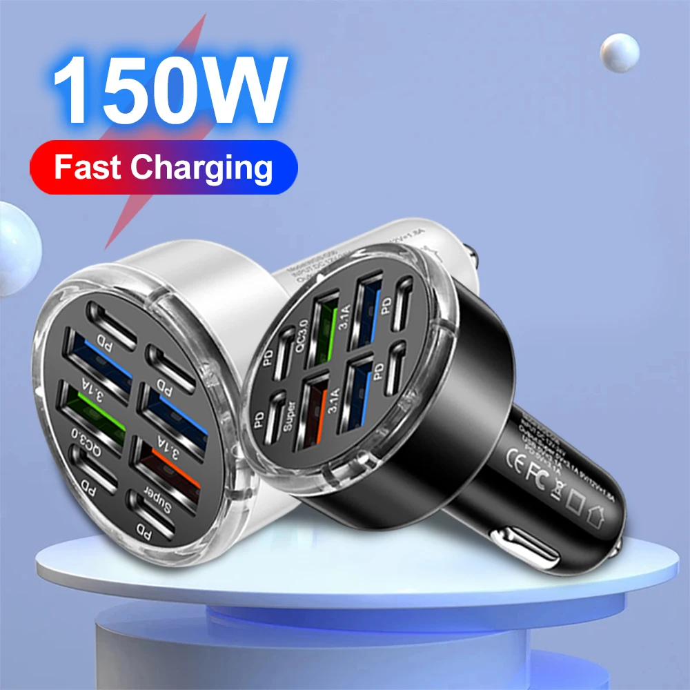 Chargeur de voiture 150W 8 Ports, charge rapide PD QC3.0 USB C, adaptateur de Type C pour iPhone Samsung Huawei Xiaomi