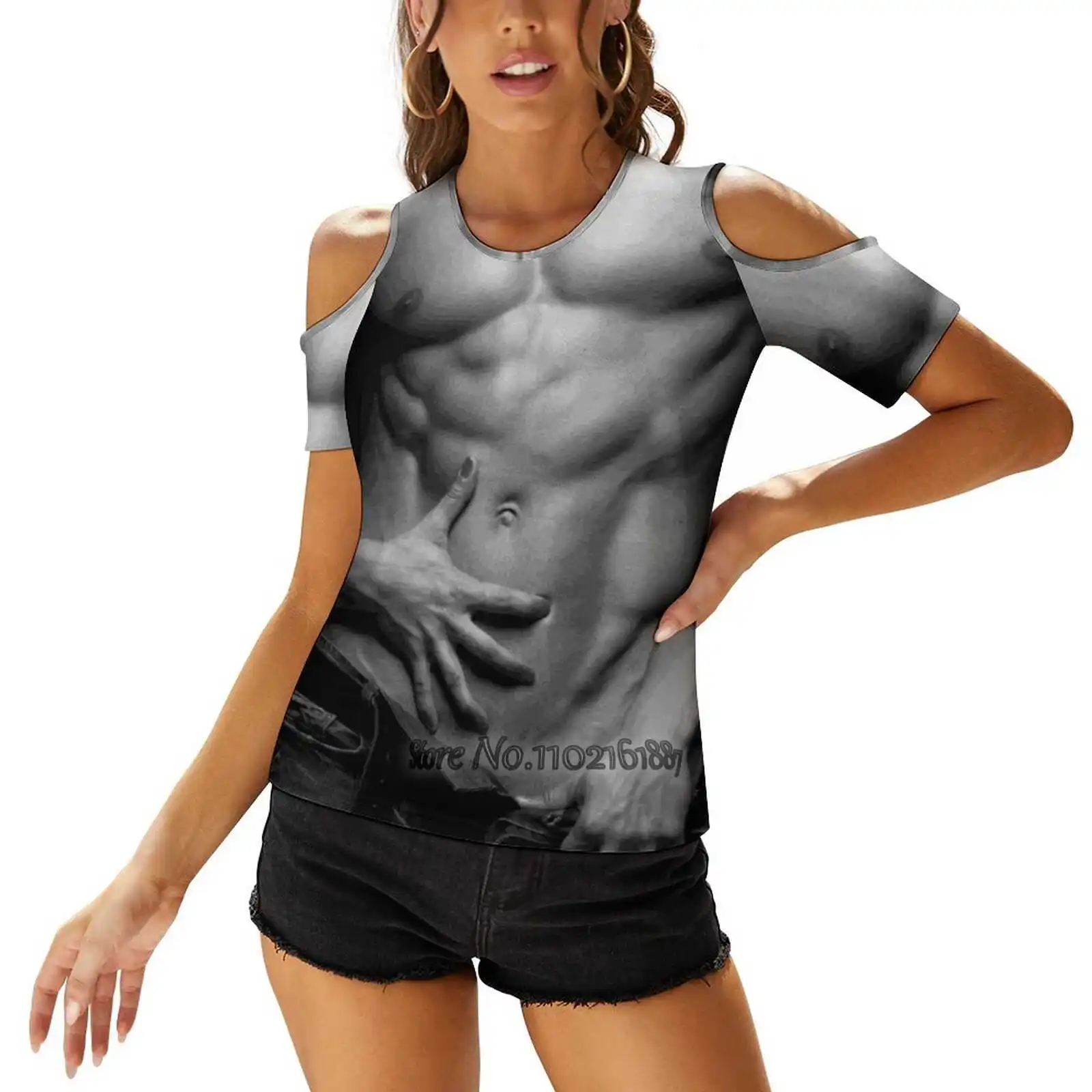 Woman Hands Touching Muscular Man'S Body Art Photo Print Women T-Shirt One Shoulder Lacing Top Sexy T Shirts Hollow Out Tops