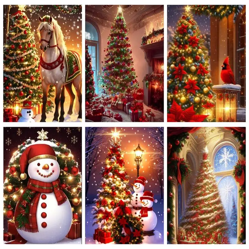 

RUOPOTY Painting By Numbers For Beginner Kits Golden Christmas Snowman and Tree Picture Drawing Wall art