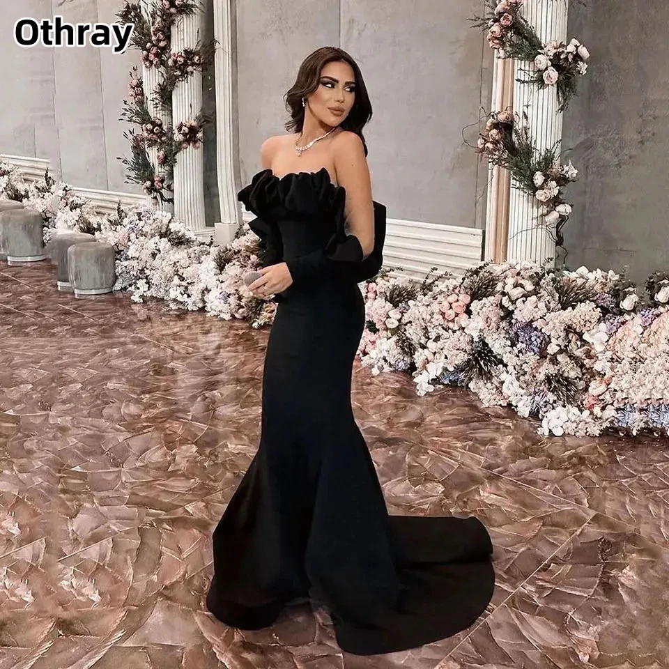 

Othray Sexy Sweetheart Mermaid Prom Dresses Tulle Long Sleeves Satin Ruffles Evening Gowns Arabic Formal Party Custom Made