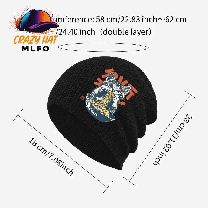 Vintage Stylish Slouchy Beanie, Cool Cat Eating Ramen Art Print, Great for Urban Streetwear & Night Hangout