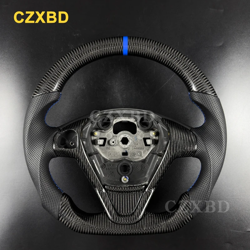 Blue Marker Steering Wheel For Ford Fiesta MK7 Real Glossy Black Carbon Fiber Sport Wheel High Quality Leather Customized