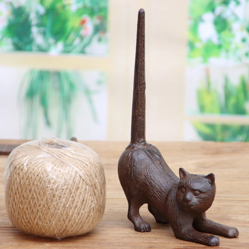 Rustic Cast Iron Cat Twine Holder Metal Natural Jute String Kitchen Paper Towels Holder Stand