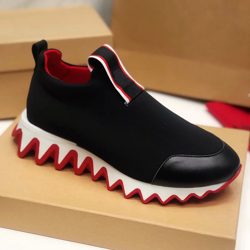 Designer Brand Women Sneakers Luxury Sheepskin Insole Stretch Fabric Overlay Thick Shoes Red Sole Shark Ladies Running Shoes