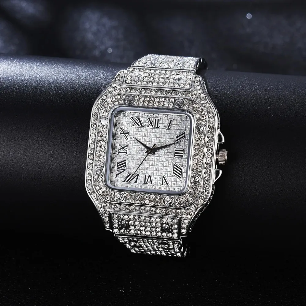 Luxury Moissanite Iced Out Watches, Hip Hop Bust Down Unisex Diamond Watch, Stainless Steel Moissanite Studded Wrist Watch