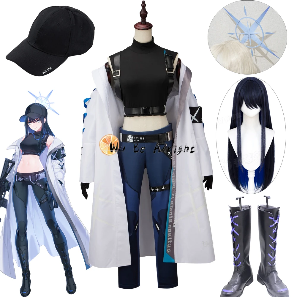 

Game Blue Archive Jomae Saori Cosplay Costume Halo Wig Women Long Coat Uniform Suit Halloween Party Carnival Outfits Shoes Boots